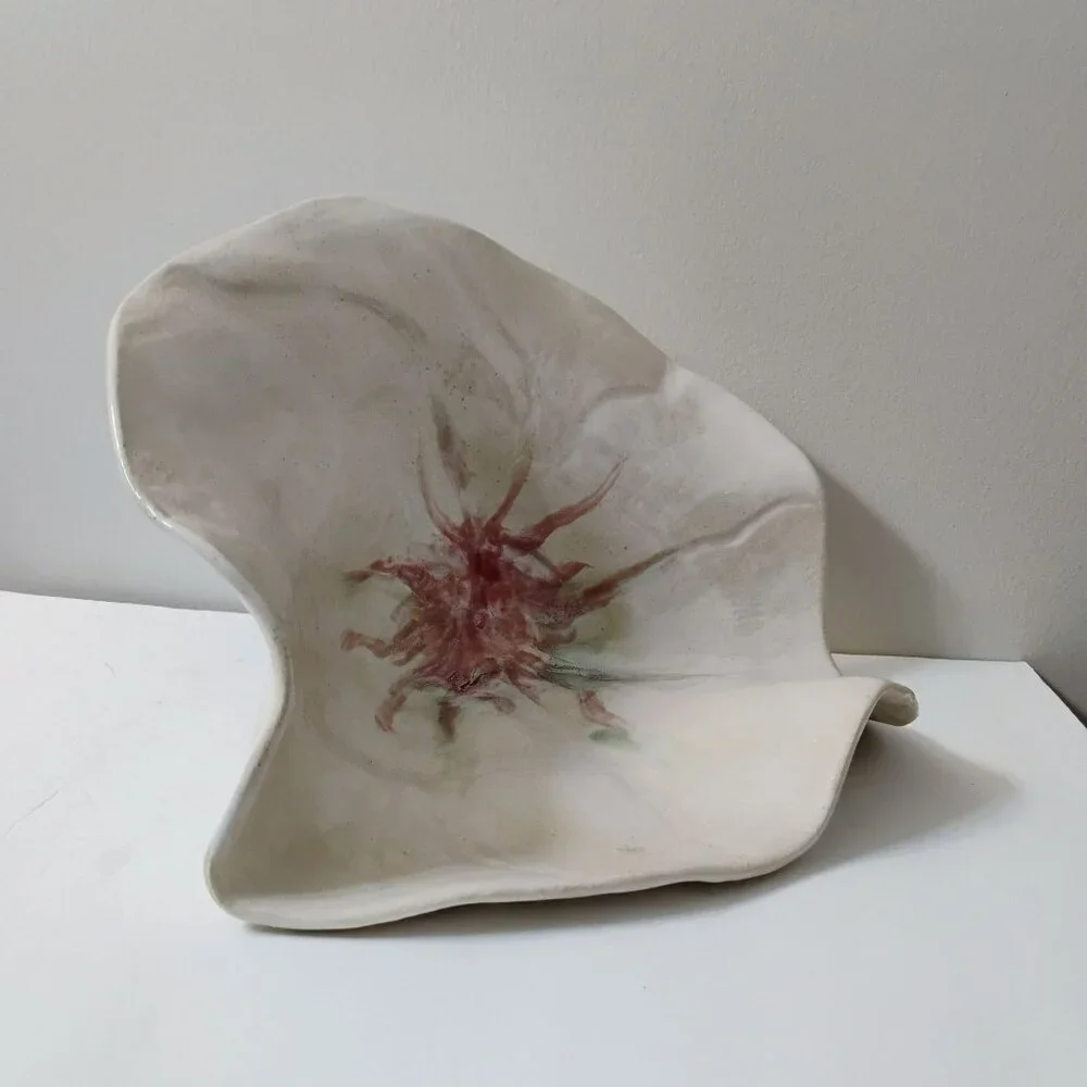 Handcrafted Art Pottery Flower Centerpiece Bowl, Decorative Ceramic White Pink - Picture 8 of 11